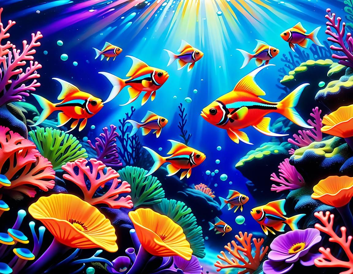 Neon Tetra in Coral Forest: Graffiti Splash Art