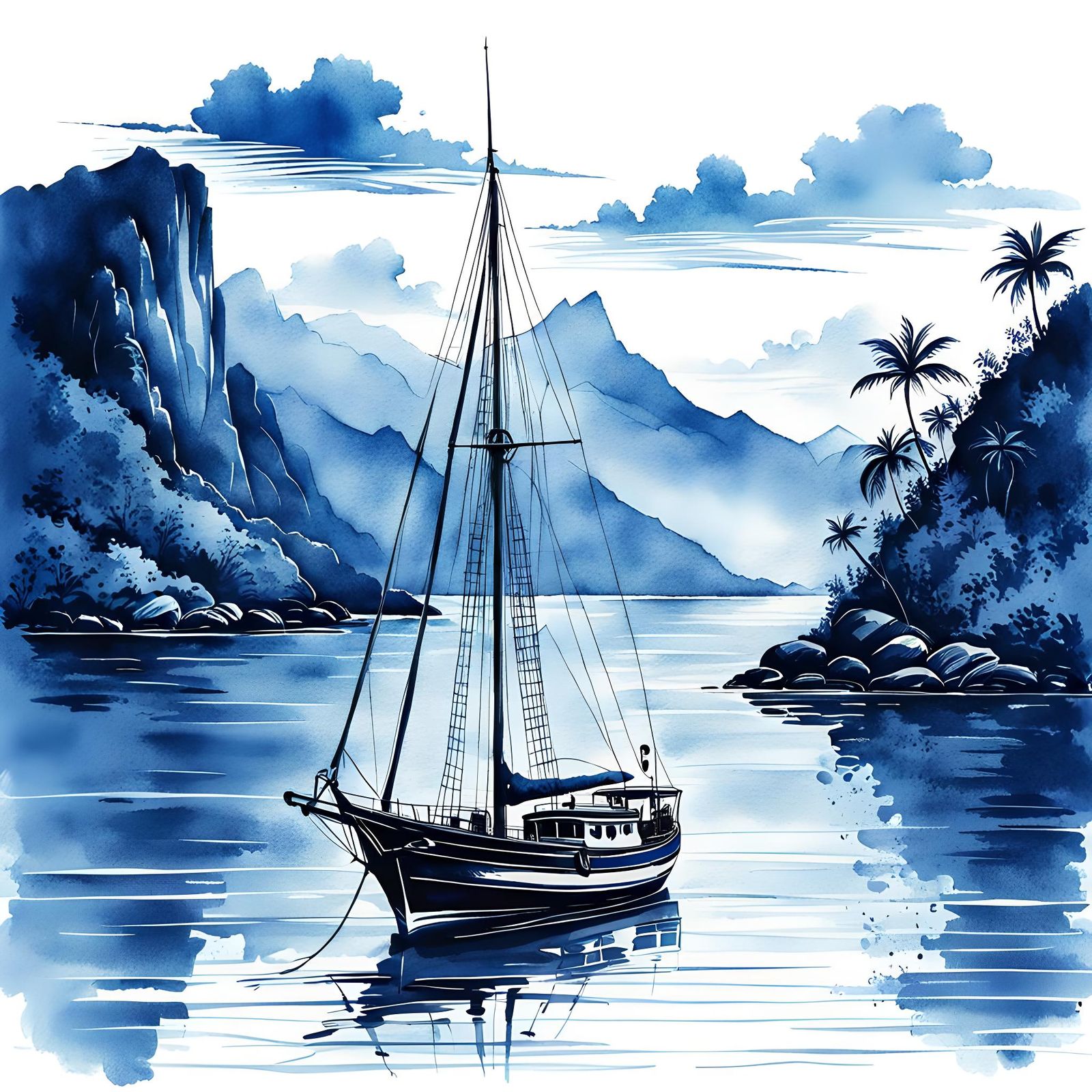Sailing Boat Anchor in Ink-Wash Style