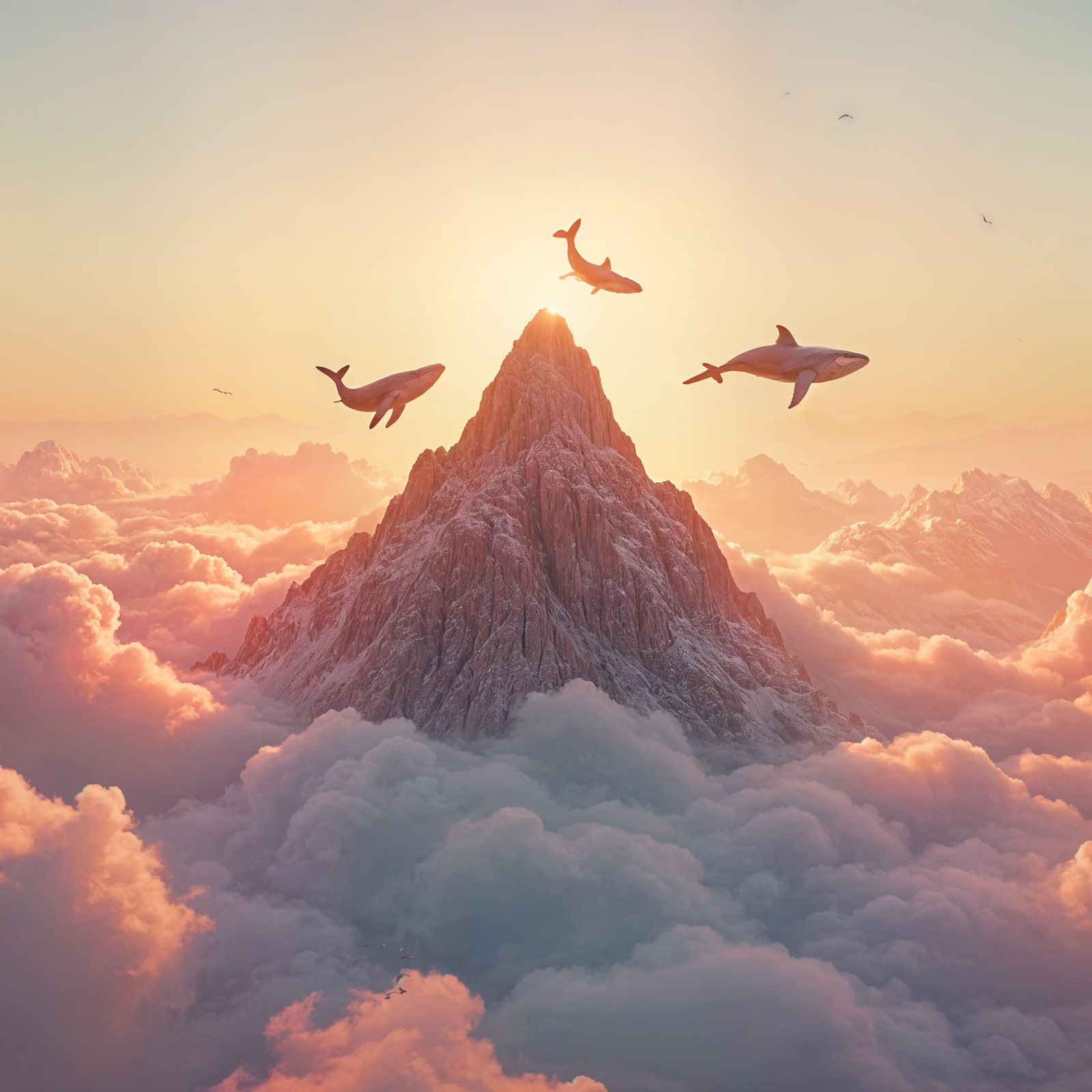 Flying Whales Through Mountain Range at Sunset