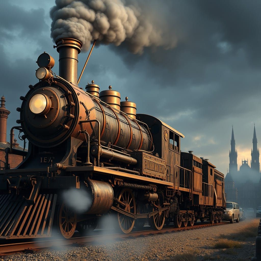 Colossal Steam Locomotive Chugs Through a Gothic Cityscape