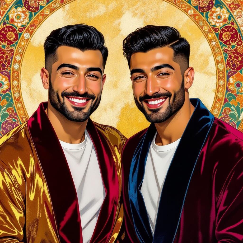 Two Men in Velvet Robes: Klimt-Inspired Oil Painting