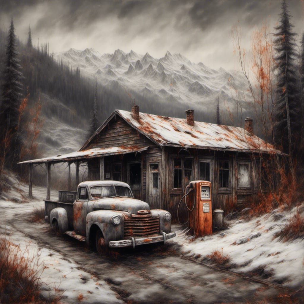 Macabre 50's Diner and Gas Station in Autumn Snow