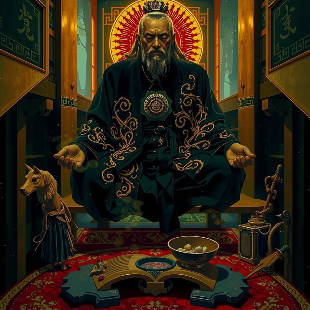 Ancient Scholar Meditating in Misty Bamboo Forest