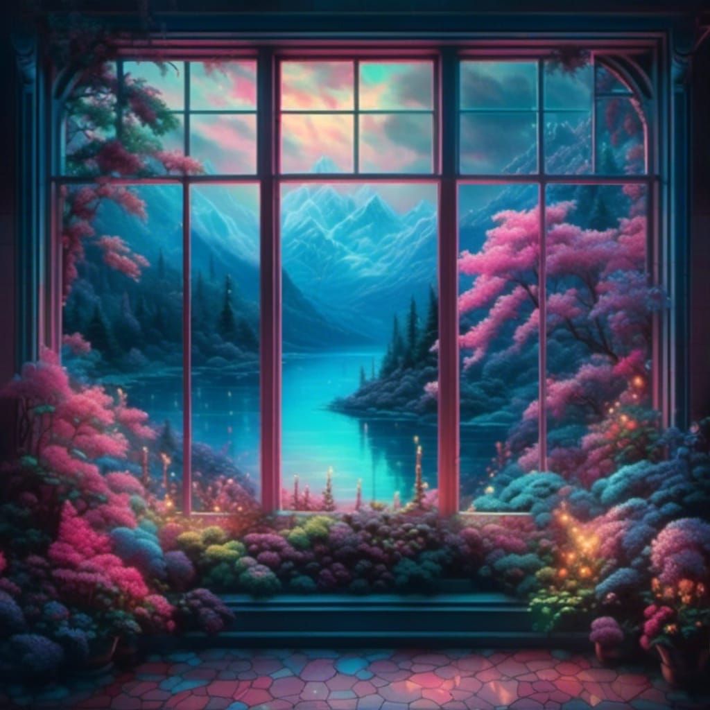 Neon Window View of Ethereal Fantasy Landscape