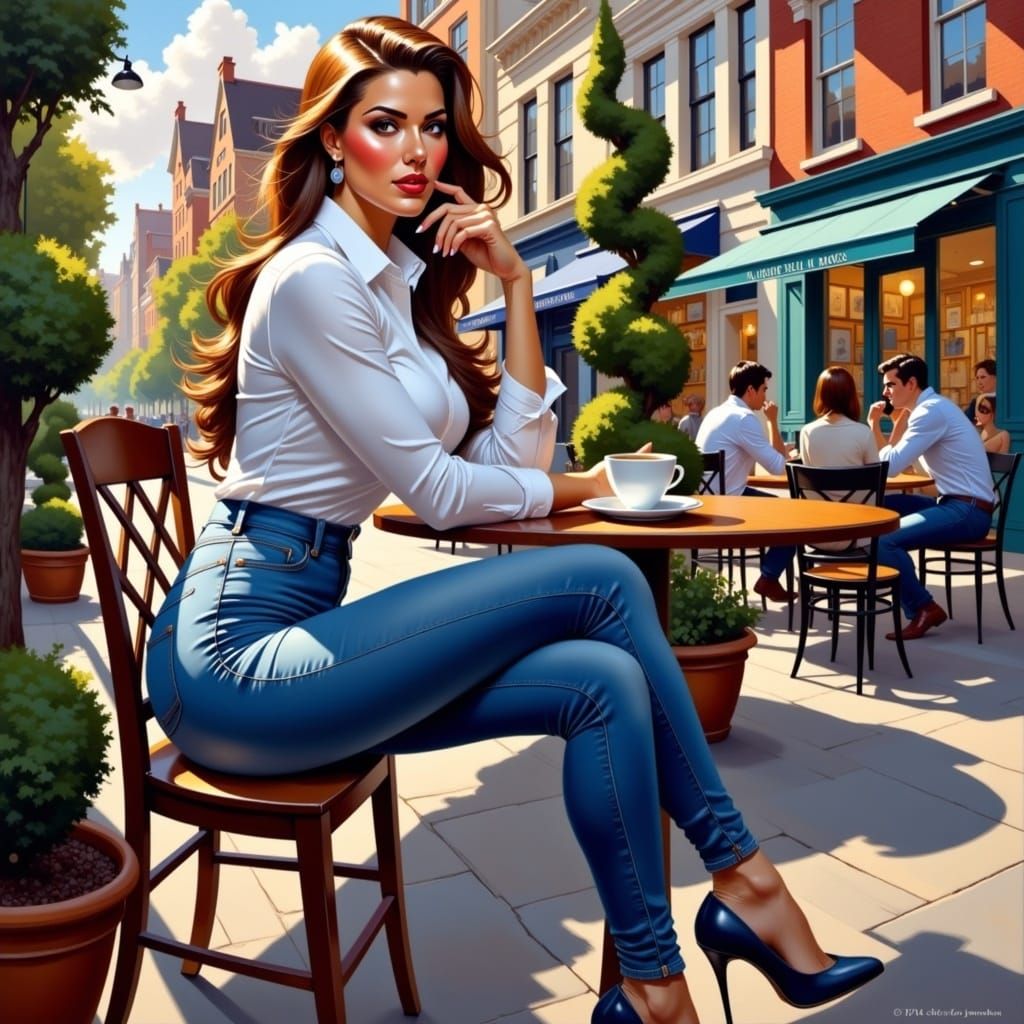 Sitting Curvy Woman in Cozy Café Setting, Urban Landscape