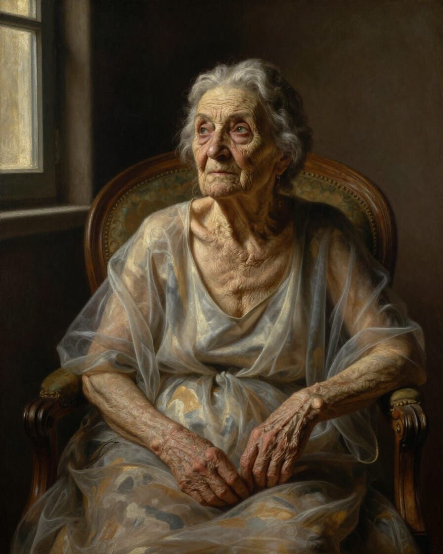 Elderly Woman in Sheer Robes, Classical Oil Painting