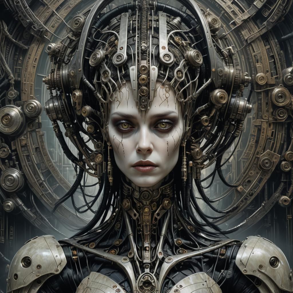 Biomechanical Figure with Cybernetic Implants in Deep Colors