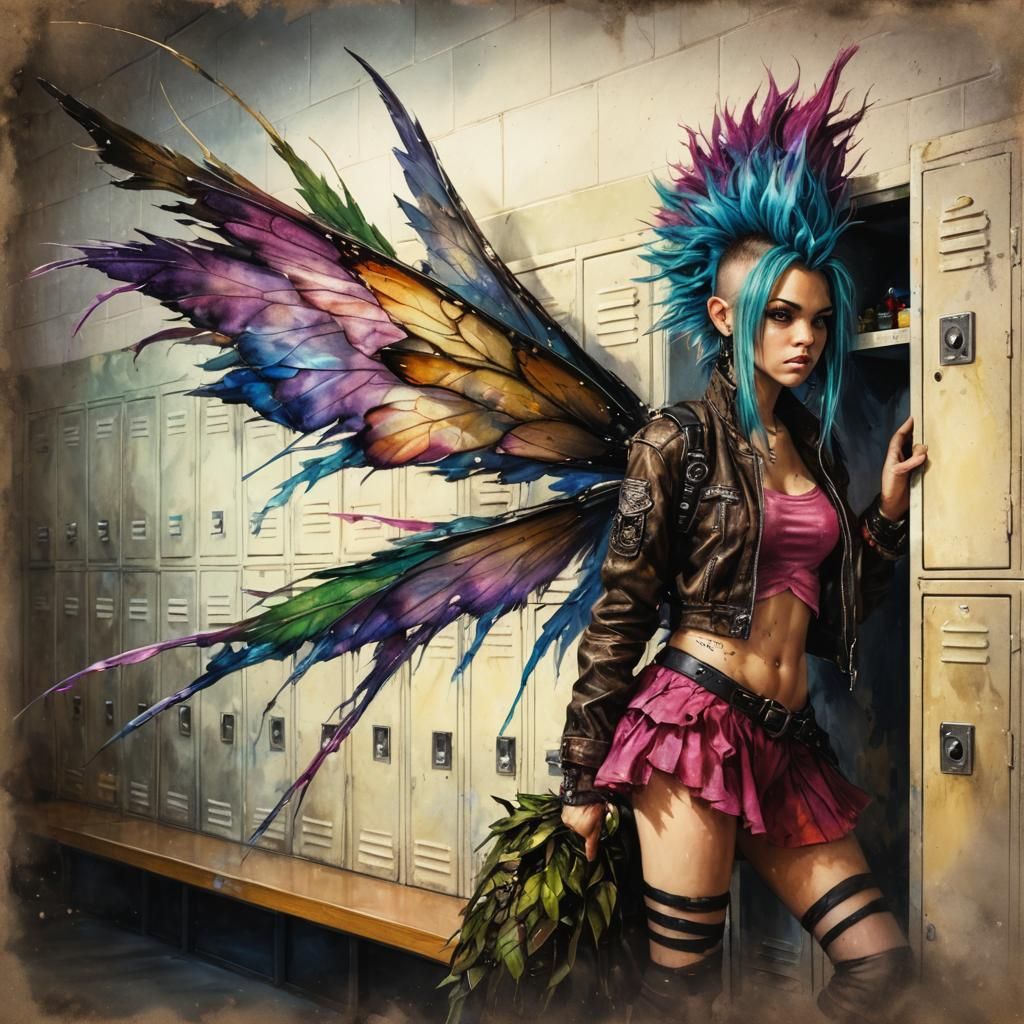 Rebellious Teenage Fairy in High School Hallway
