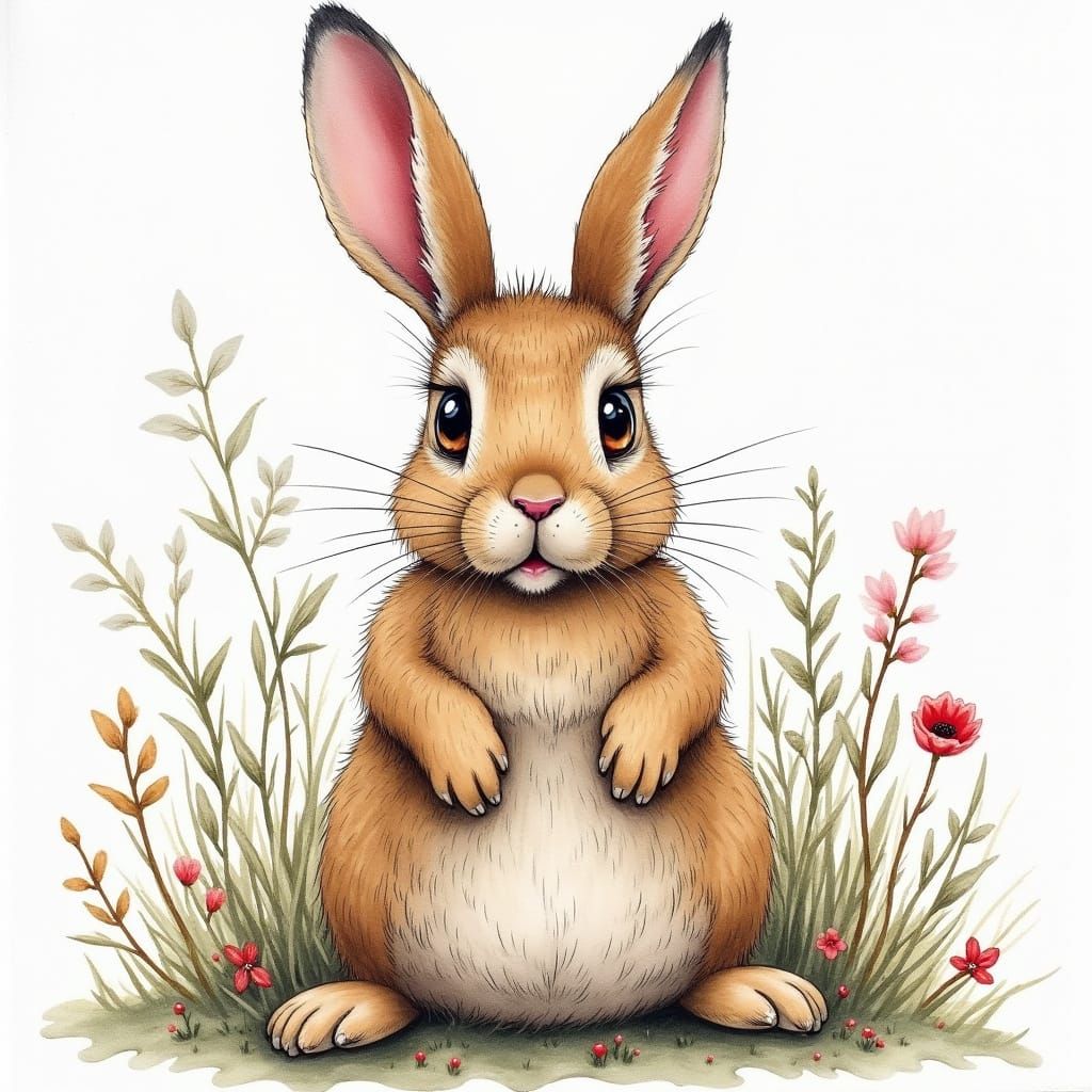 Intricately detailed alcohol ink illustration, Folk Art Bunn...