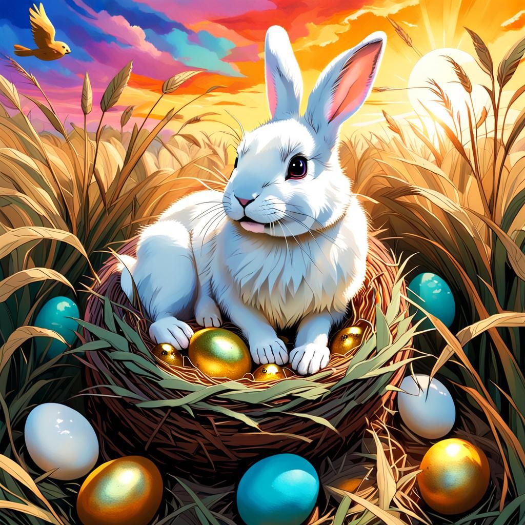 Bunny in Nest with Golden Eggs, Fauvist Style