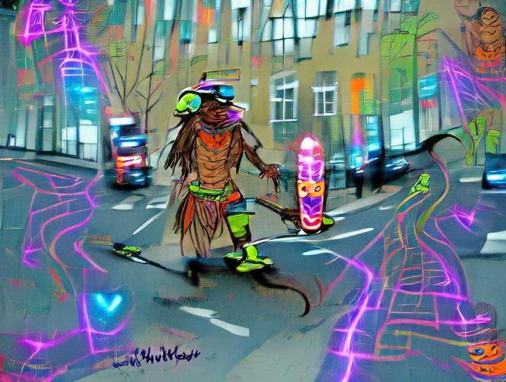 Witch doctor riding a skateboard through London