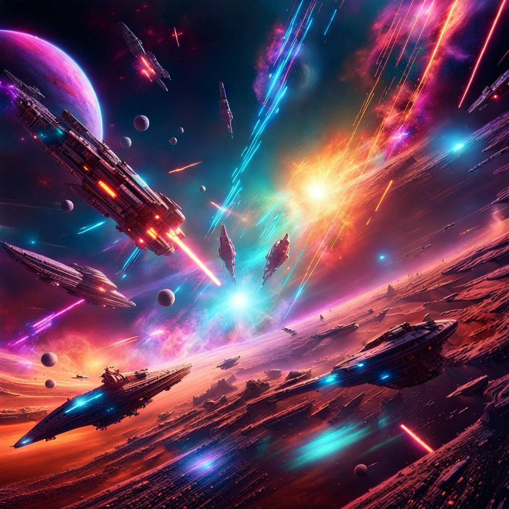 Cosmic Sci-Fi Art: Spaceships in Distant Galaxy