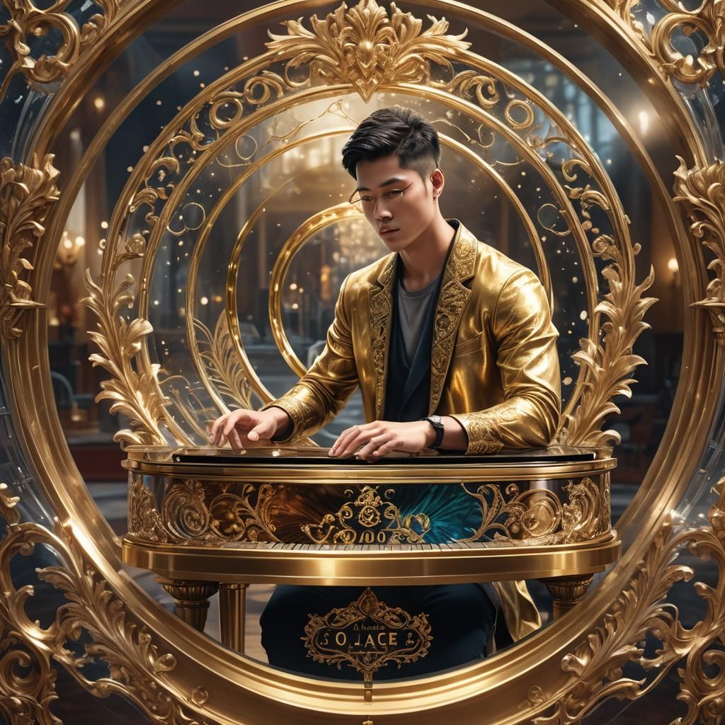 Elegant Man Playing Glass Piano in Rococo Style