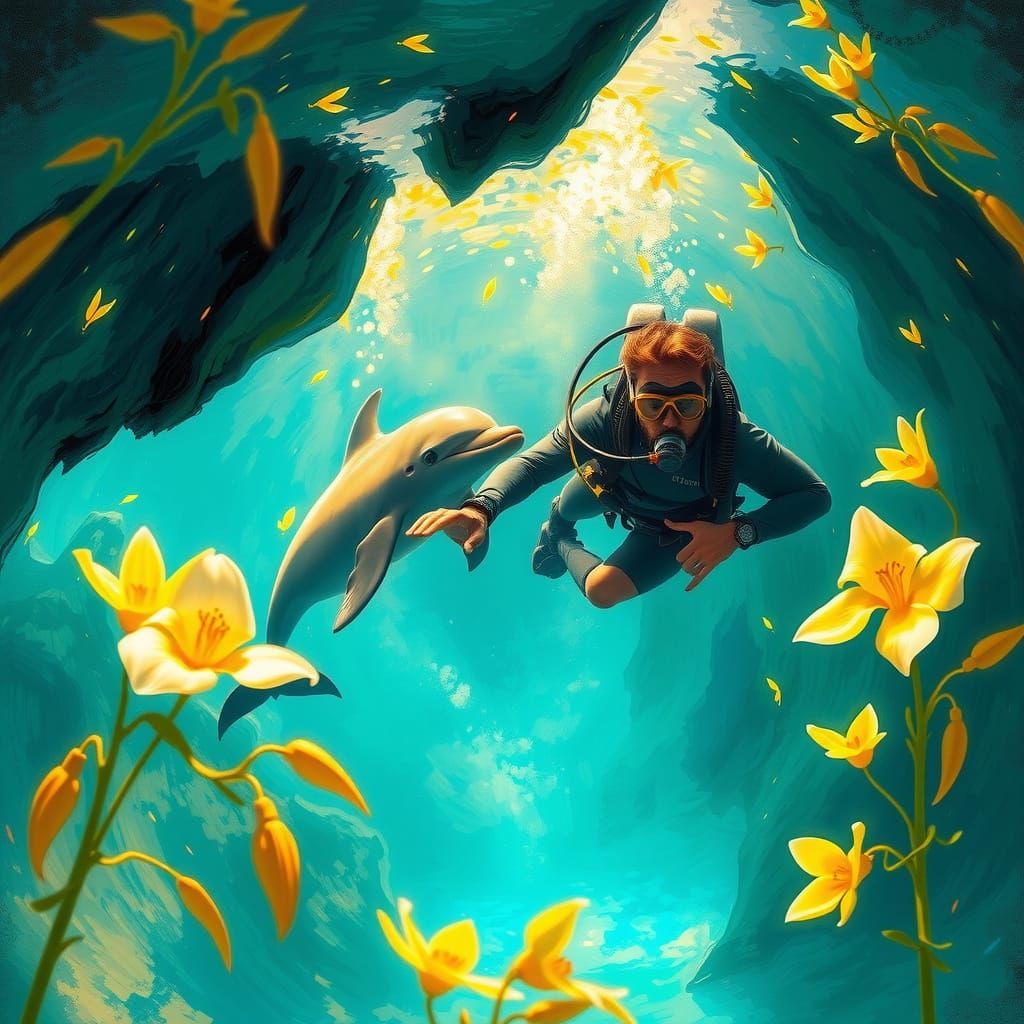 Diver and Dolphin in Bioluminescent Underwater Cave
