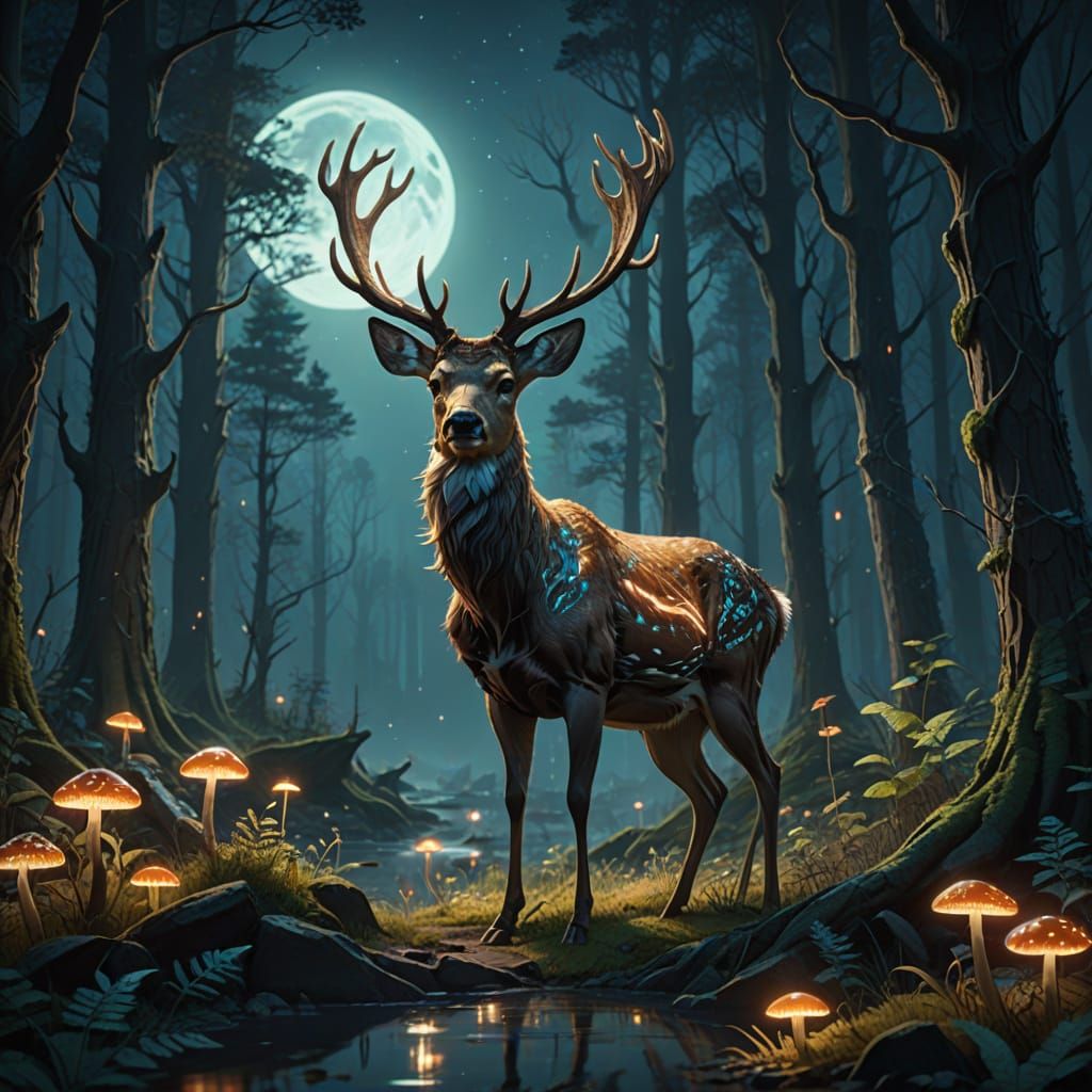 Starlight Deer in Moonlit Forest: Matte Painting
