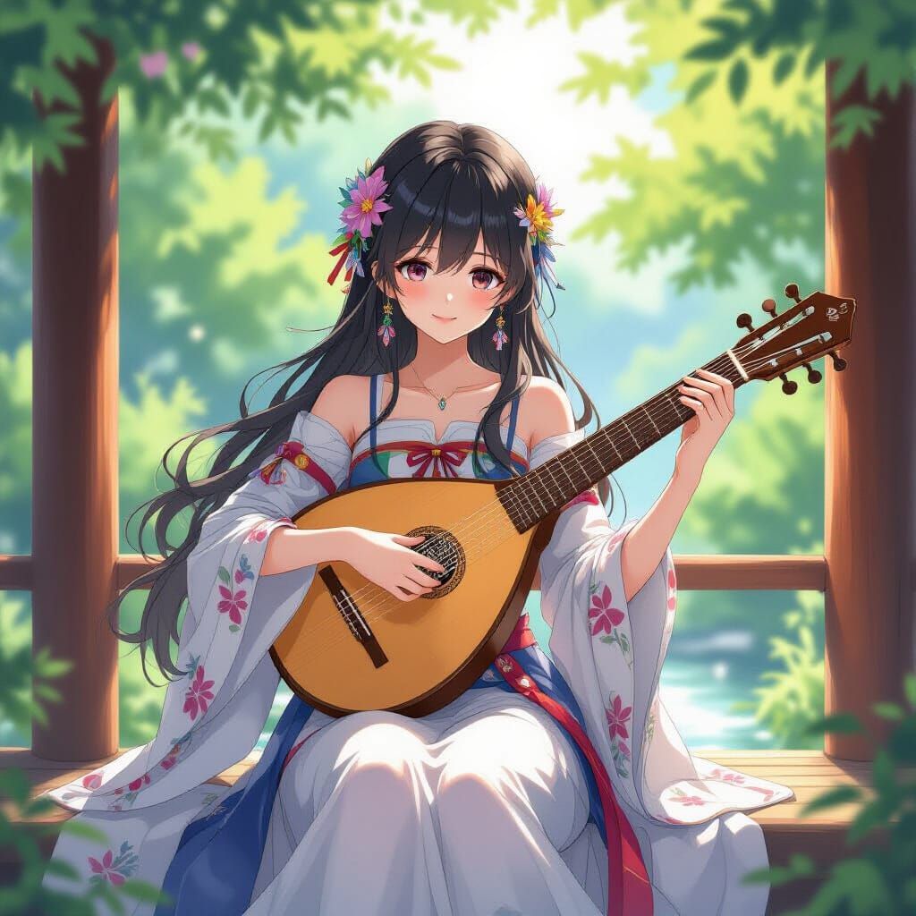 Anime-Inspired Bard Girl Playing Lute