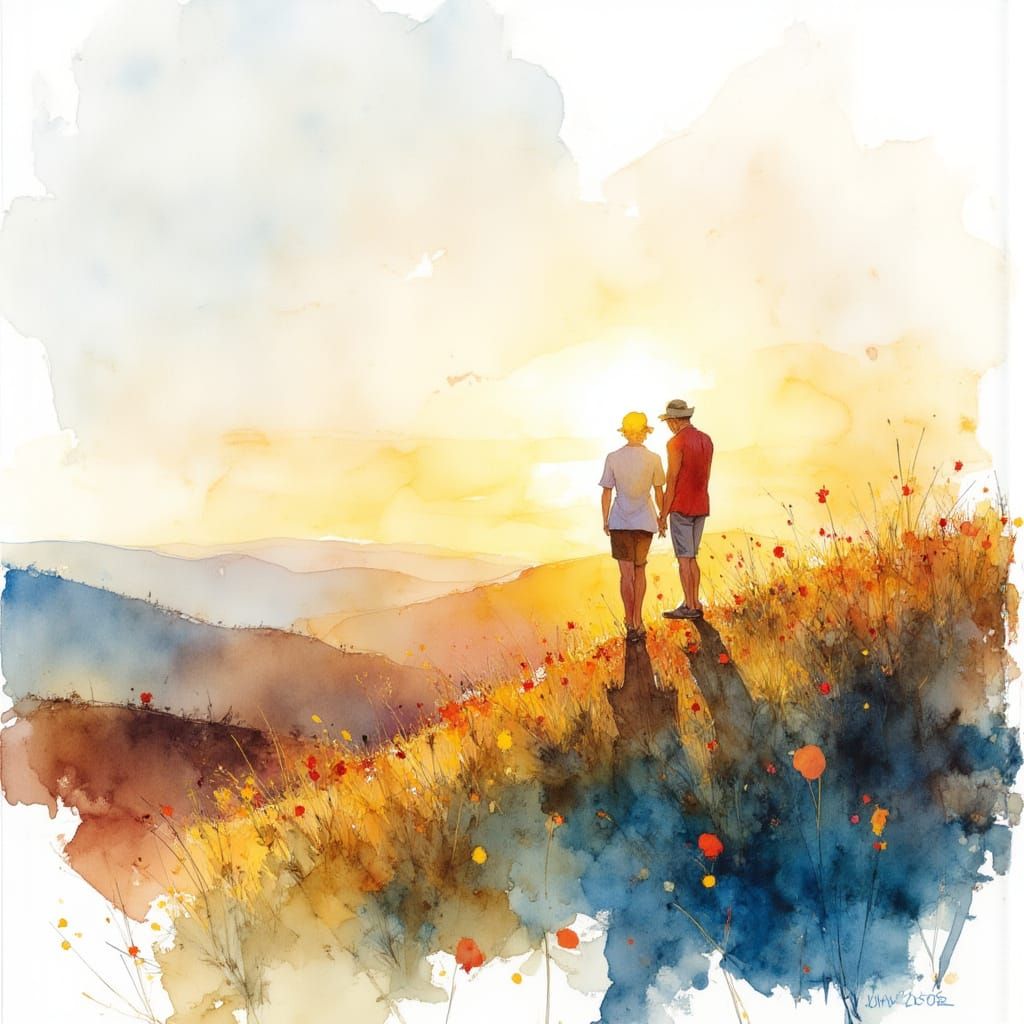 Elderly Couple at Sunrise in Summer Watercolor Sketch