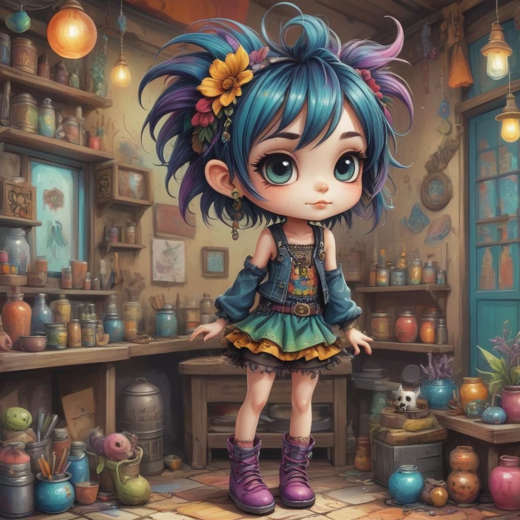 Whimsical Chibi Pixie in Punky Boho Style
