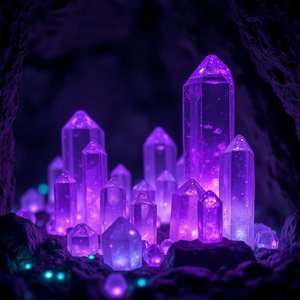 Glowing Purple Crystals in Dark Cave with Flux Glow