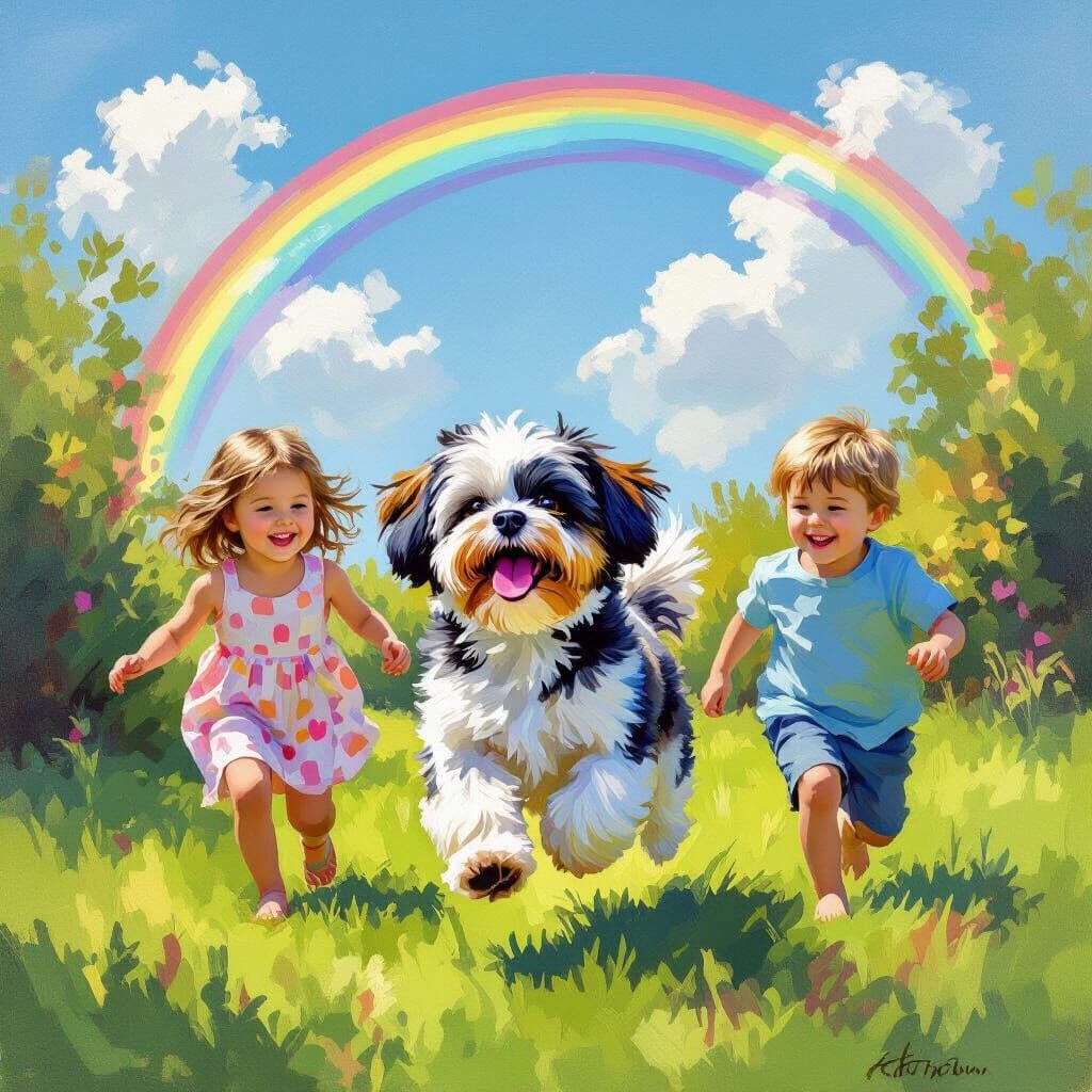 Children and Dog Play Under Rainbow in Impressionistic Garde...