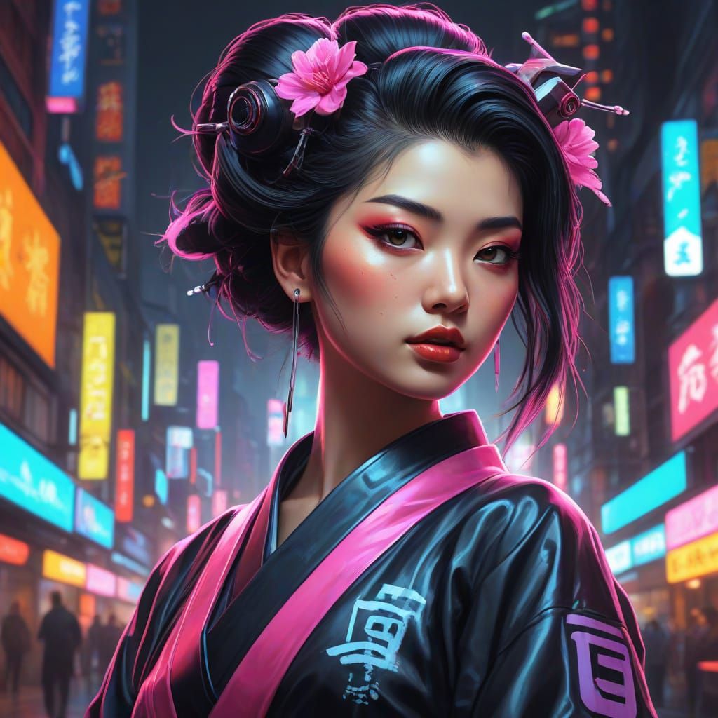 Cyberpunk Geisha in Neon City: 80s Airbrush Style