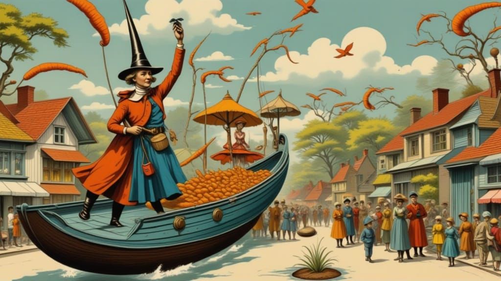 Surreal Village Scene: Fools Fish for People with Carrots