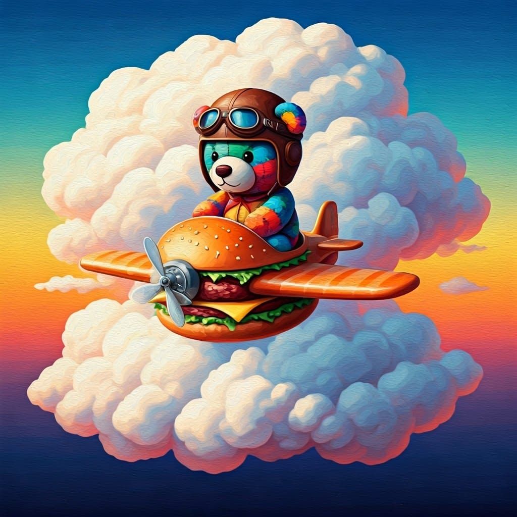 Teddy Bear on Hamburger Plane: Dark Whimsical Gouache Art