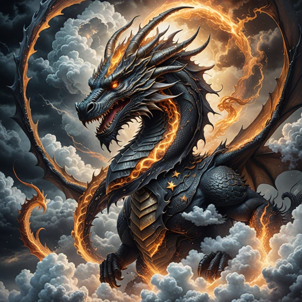 Epic Dragon in Clouds, Hyper-Realistic Animal Illustration
