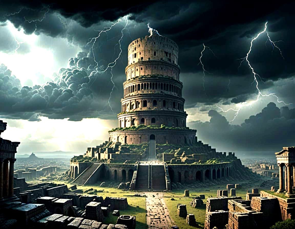 Towering Babylonian Colosseum Amidst Thunderstorms