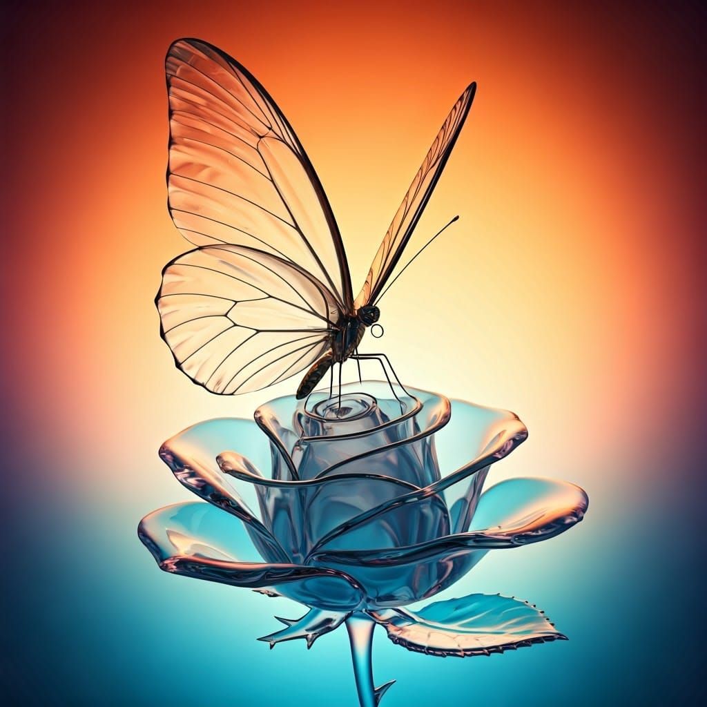 Glass Butterfly on Crystal Rose in 3D