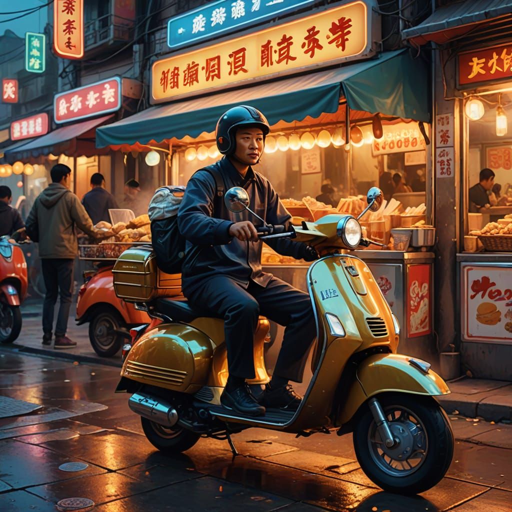 Chinese Food Vendor on Vespa Scooter, Oil Painting