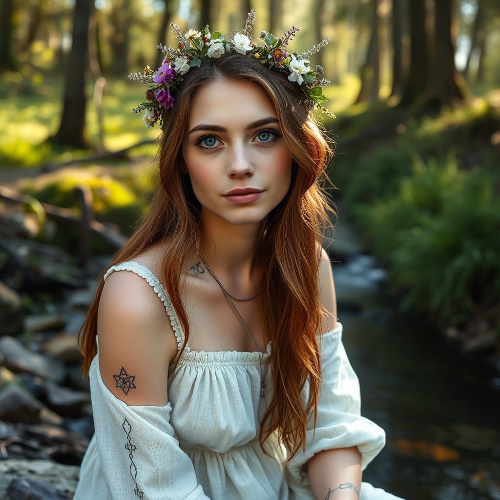 Slavic Woman by Stream in Romantic Painting Style