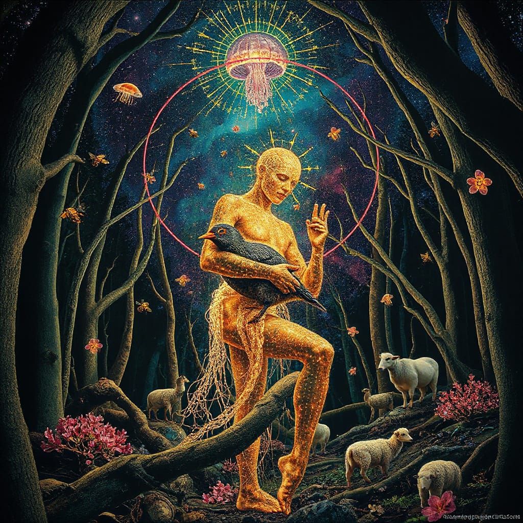 Mystical Shaman Trance in Forest Bio-Art Collage