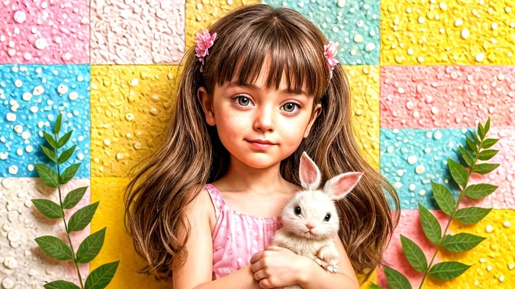 Girl with Bunny in Mixed Media Garden