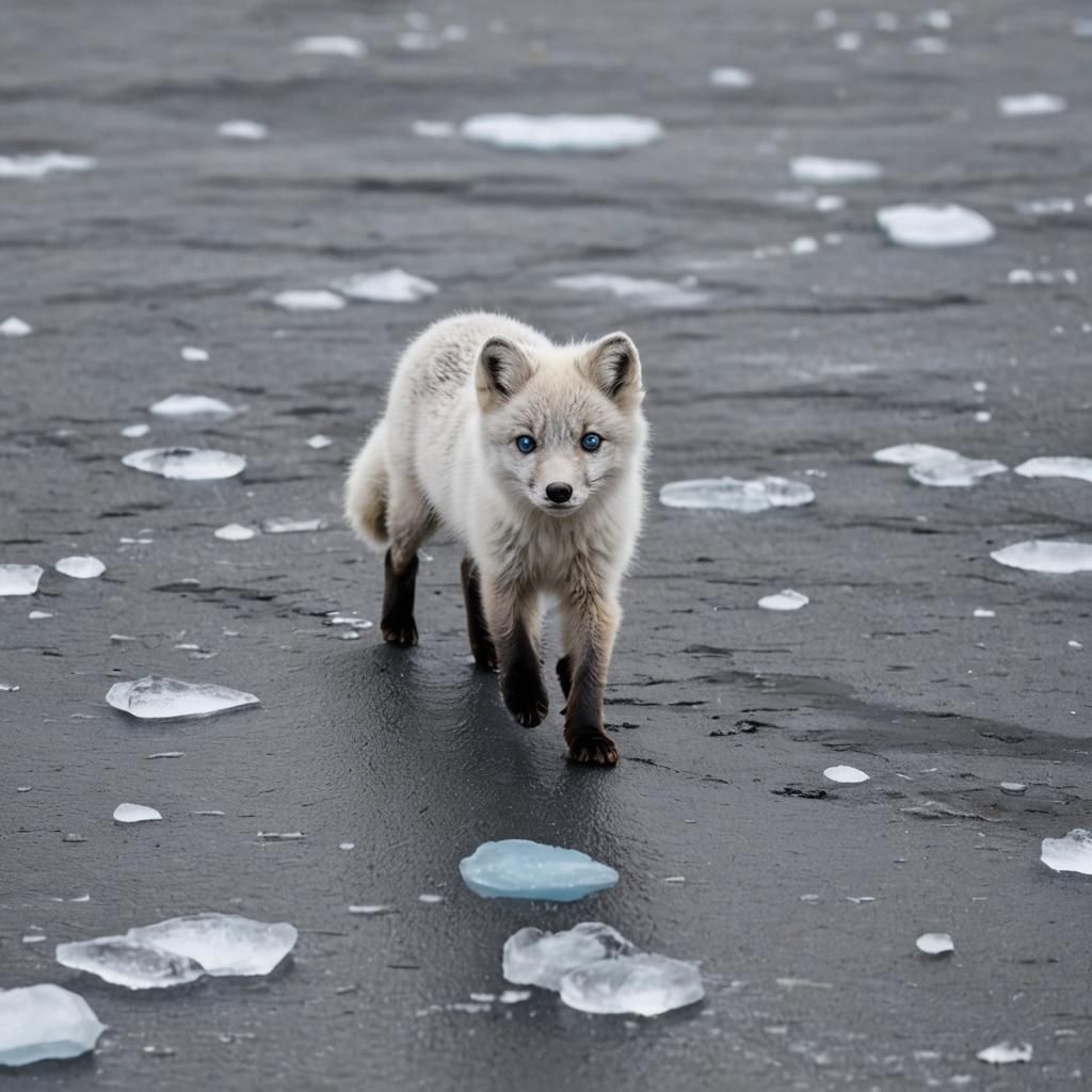 Arctic Fox Cub on Ice with Blue Eyes