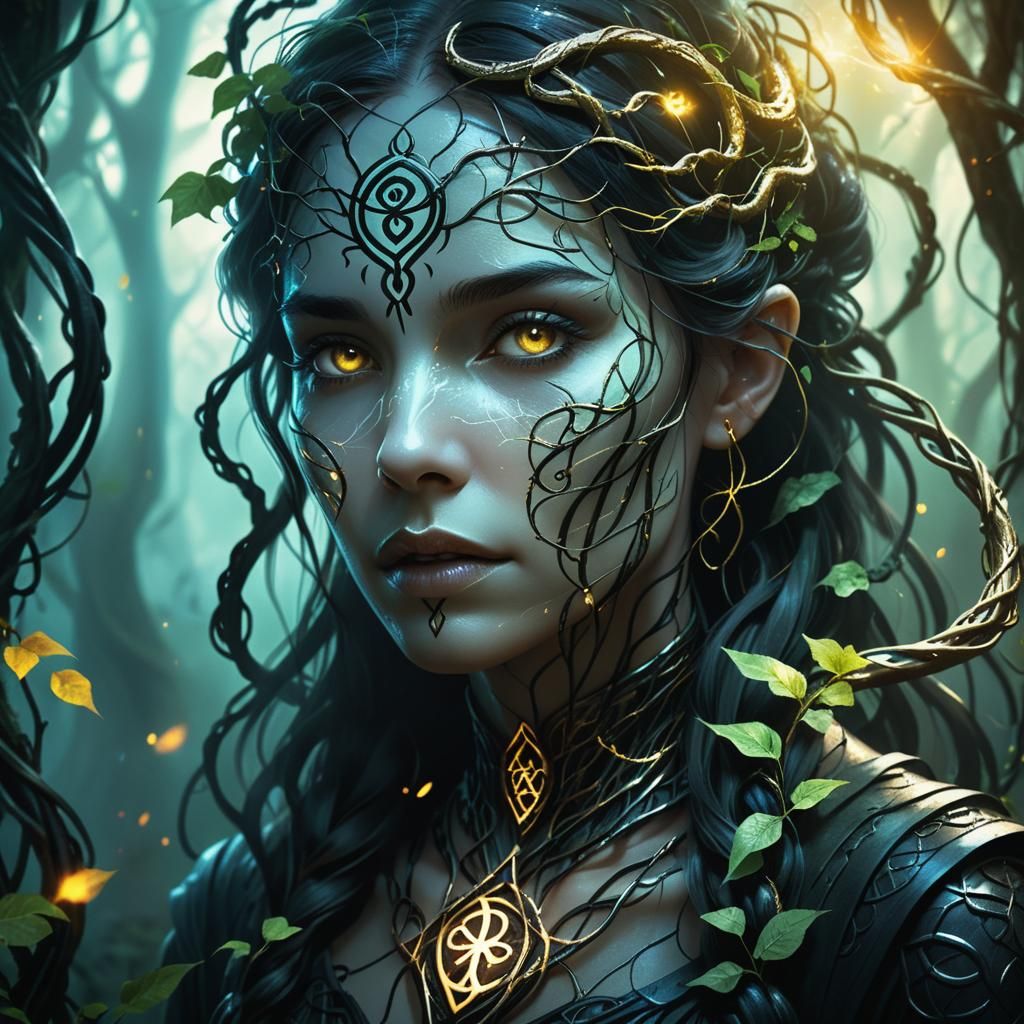 Mysterious Woman Enveloped in Gothic Vines and Ethereal Rune...