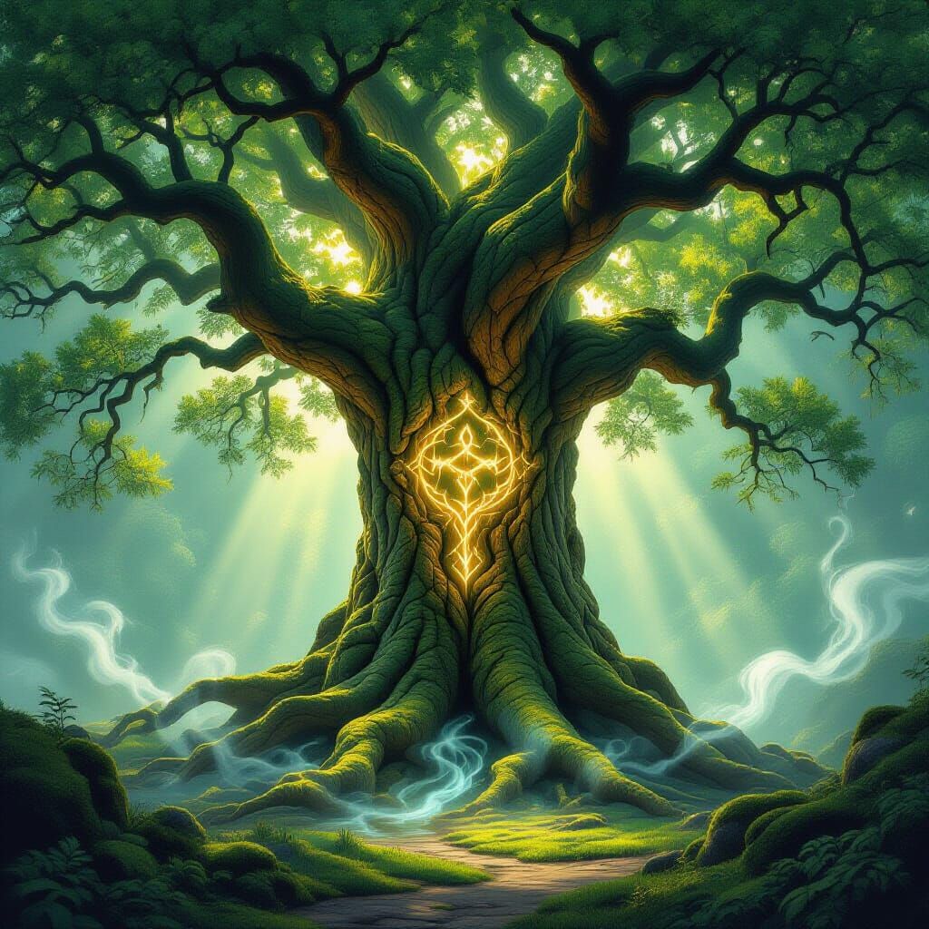 Ancient Tree With Glowing Runes in Magical Forest Clearing
