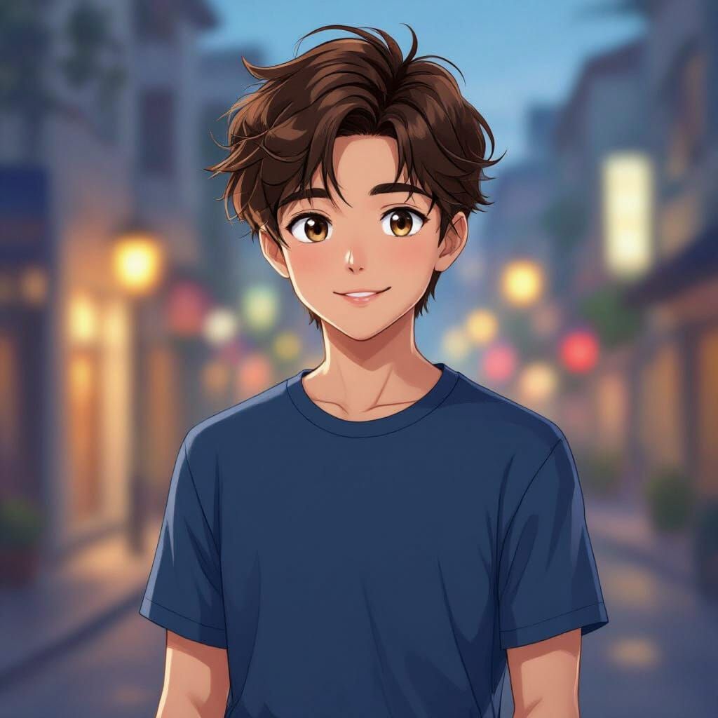 Handsome Anime Boy in Blue Tee and Black Jeans