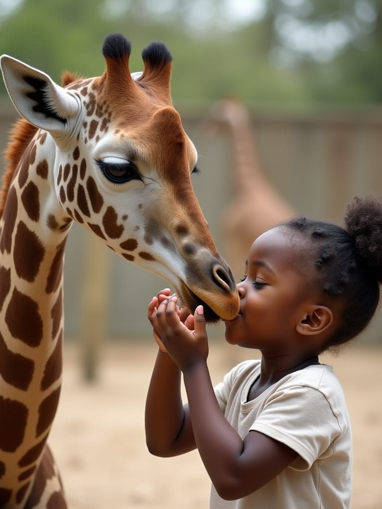 Baby Giraffe Nuzzled By Young Girl at Zoo
