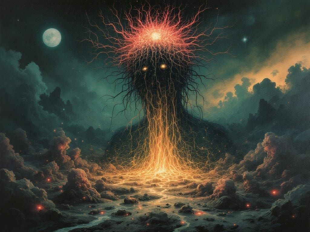 Bioluminescent Nervous System in Surrealist Horror Landscape