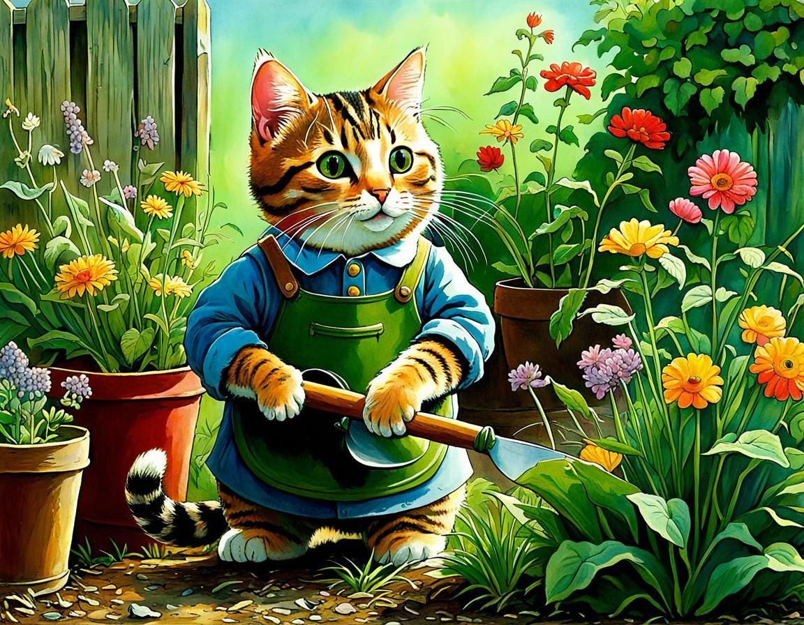 Cute Cat Gardener in Storybook Illustration Style
