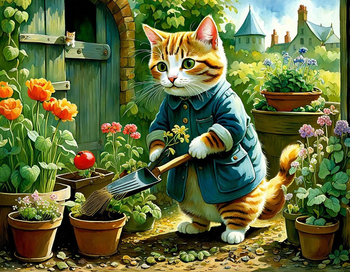 Whimsical Cat Gardener in a Fantastical Artistic Landscape