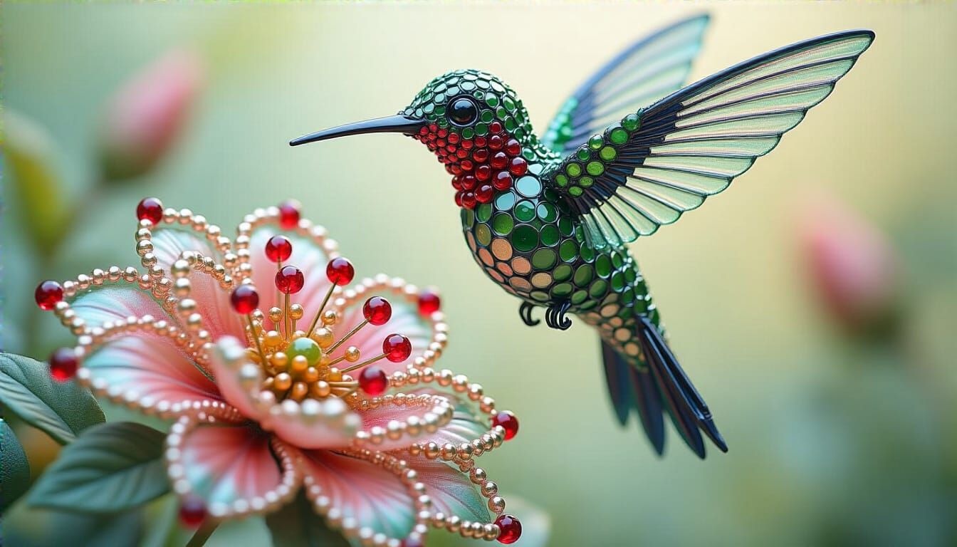 Iridescent Beaded Hummingbird with Flower, Surreal 3D Art