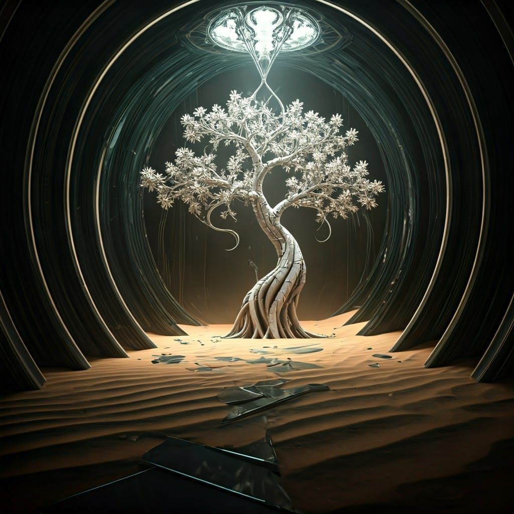 Futuristic Cage: Mechanical Flowers in White Tree