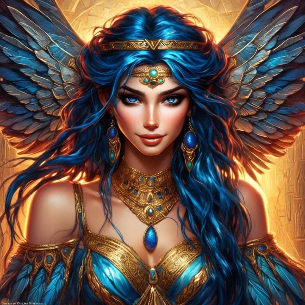 Egyptian Fae with Blue Hair, Comic Book Style