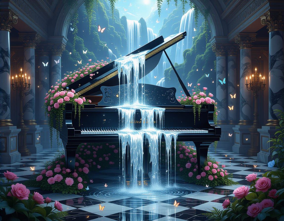 Waterfall Landscape Atop Piano in Marble Ballroom