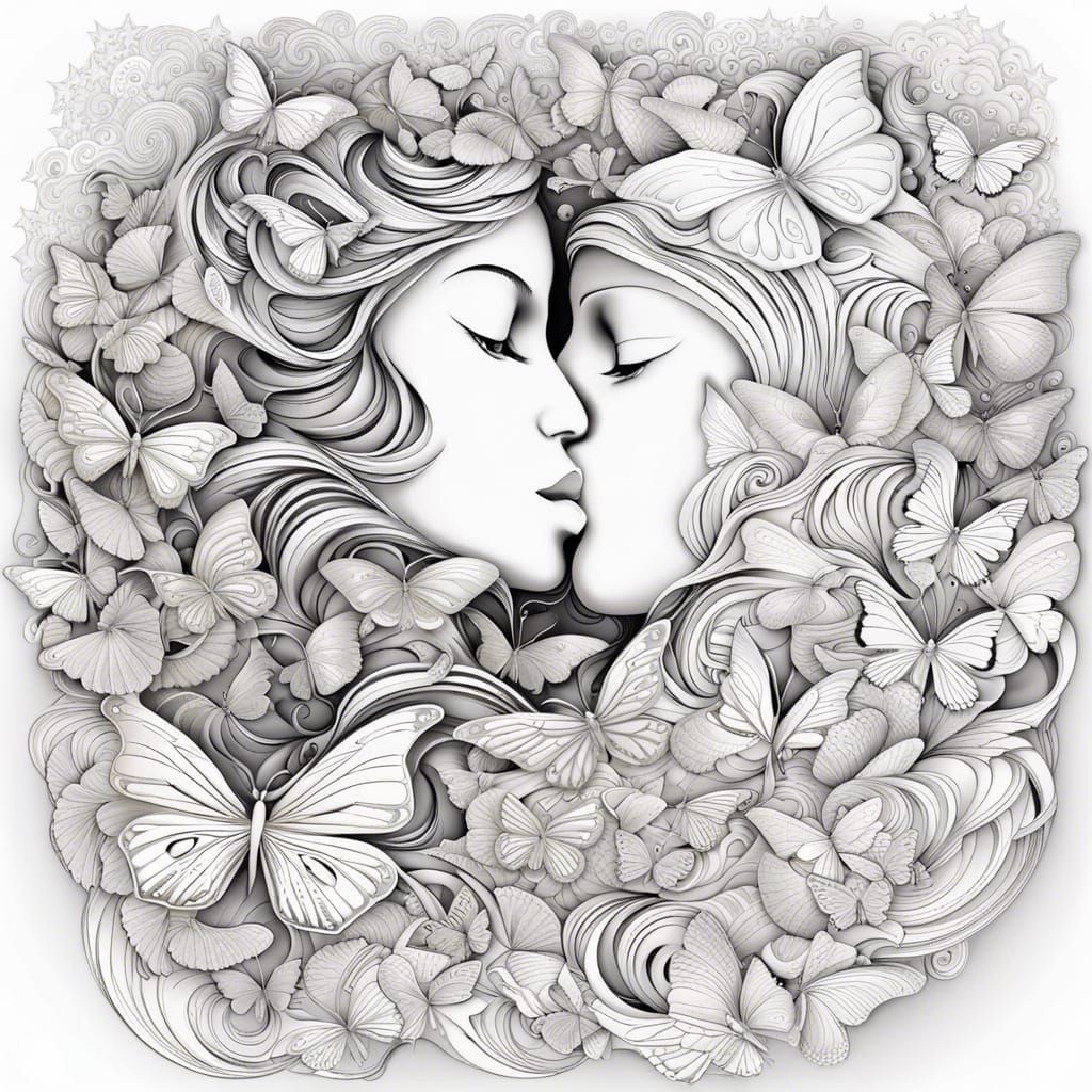 Angel Kissed by Woman in Butterfly Flight