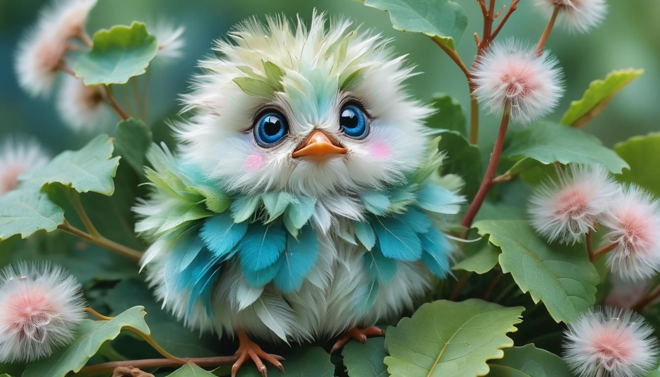 Pastel Floral Fantasy Bird on Oak Leaves