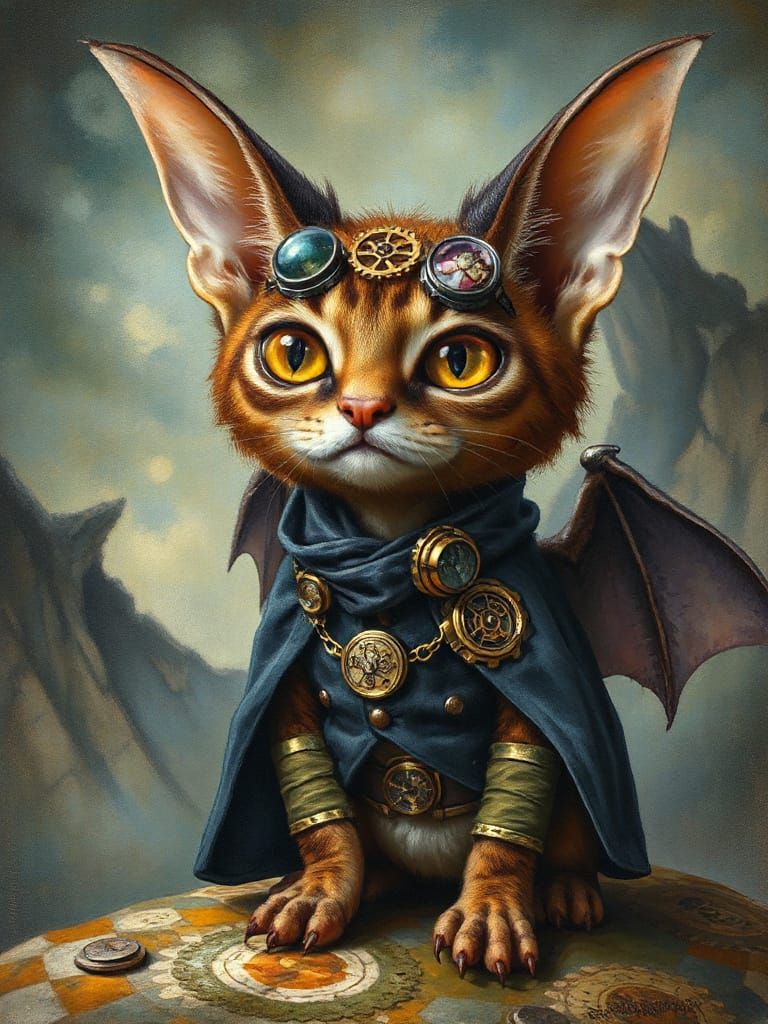 Steampunk Bat-Cat Creature in Mixed Media Style