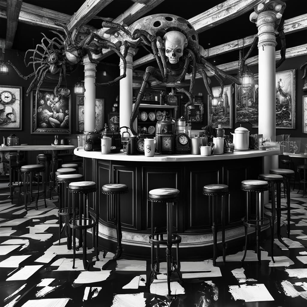 Cybergoth Model in Coffee Shop, Black and White